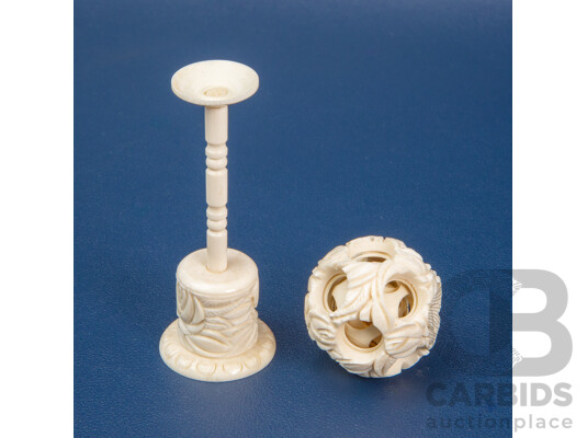 Vintage Carved Ivory Chinese Puzzle Ball & Pedestal Stand - 19th/20th Century