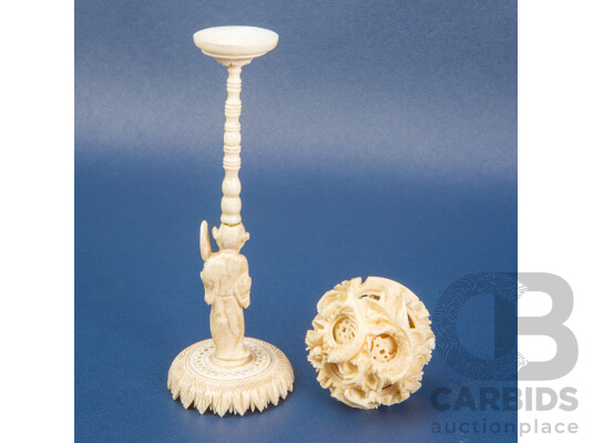 Vintage Carved Ivory Chinese Puzzle Ball & Pedestal Stand - 19th/20th Century