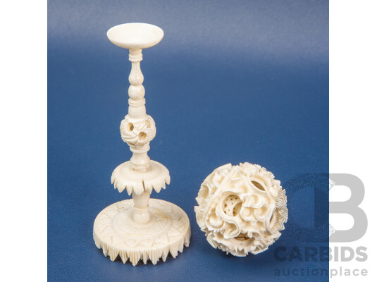 Vintage Carved Ivory Chinese Puzzle Ball & Pedestal Stand - 19th/20th Century