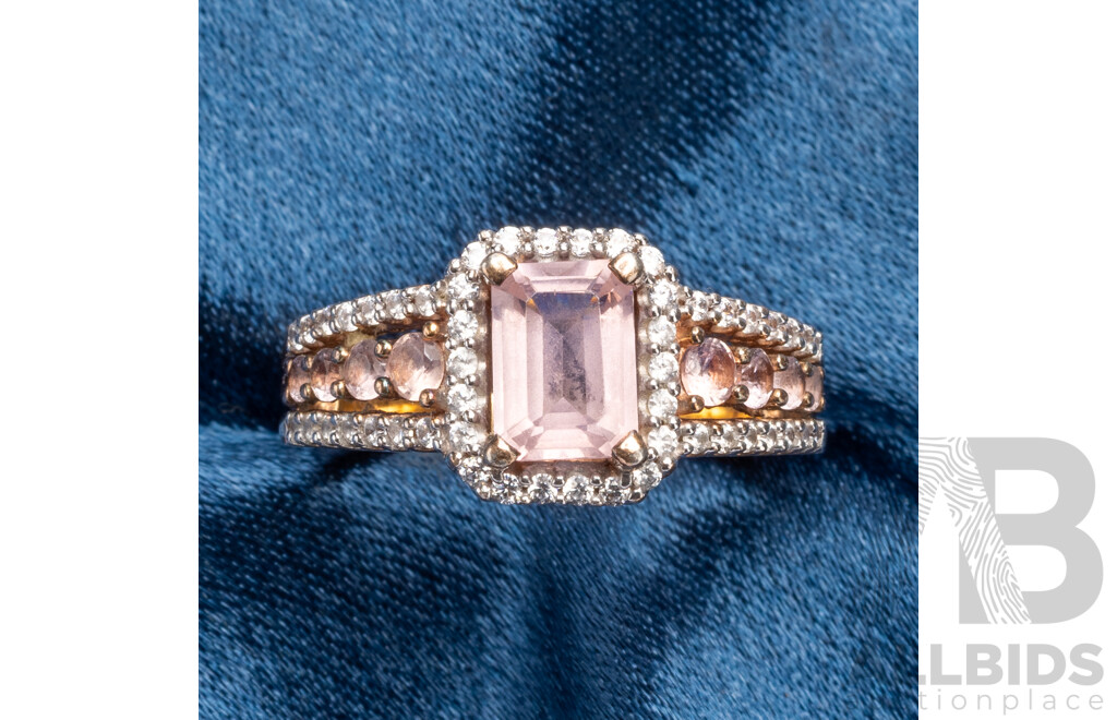 Rose Gold Plated Sterling Silver, Pink Morganite & White Topaz Ring - Size N