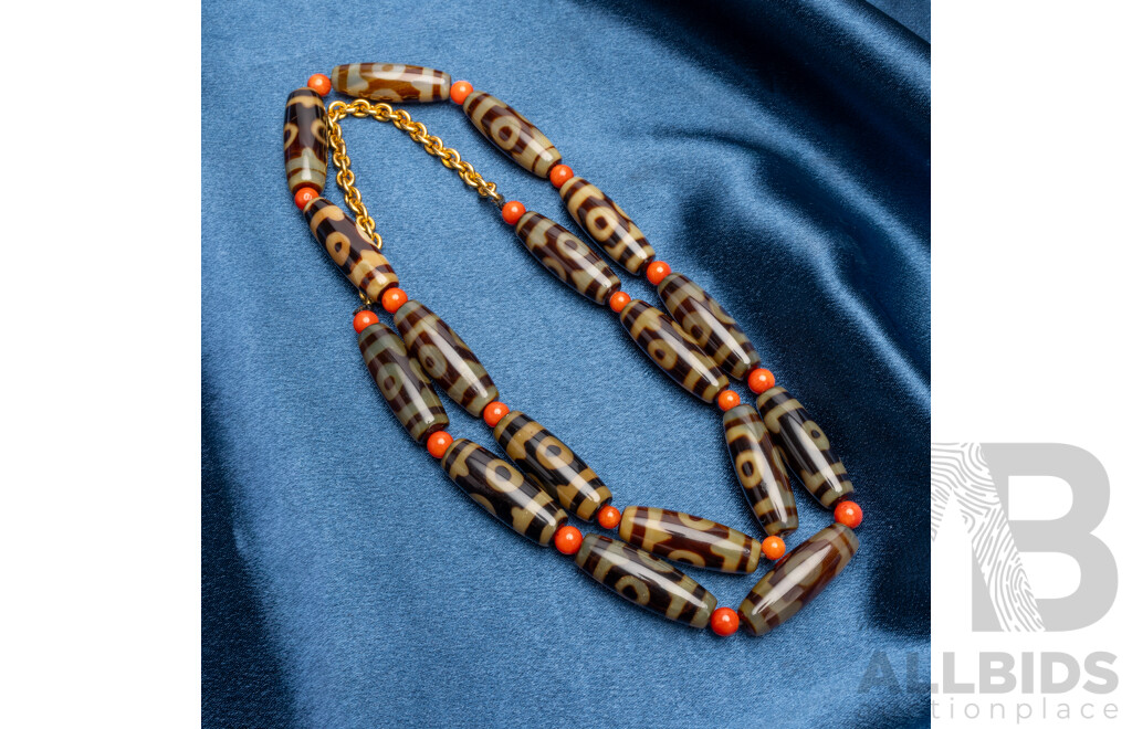 Tibetan Necklace with Tianzhu Agate Beads & 24ct Gold Plated Chain