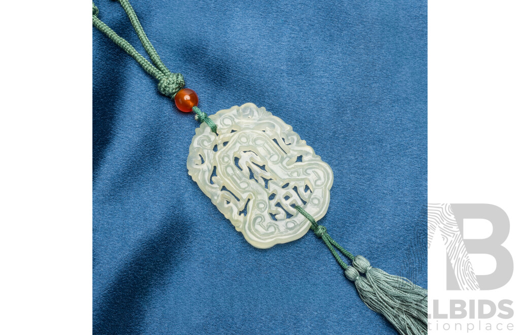 Chinese Light Green Jade Plaque & Beads on Synthetic Cotton
