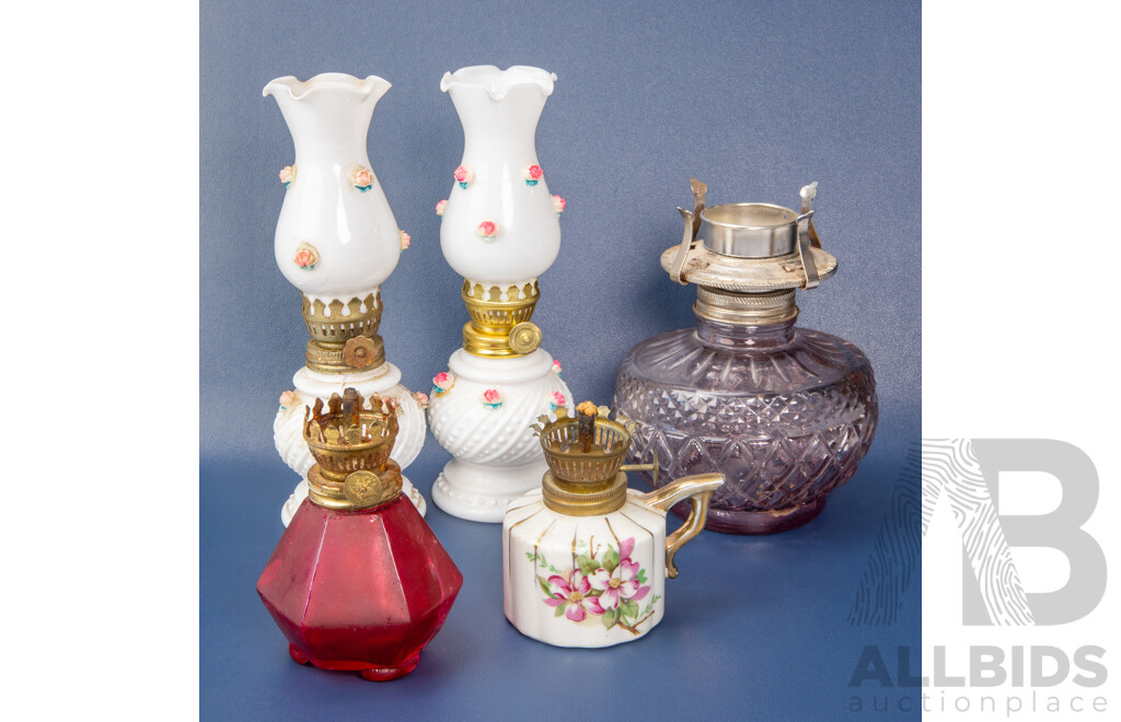 Antique Kerosene (Oil) Lamps & Candle Holder - Lot of 5