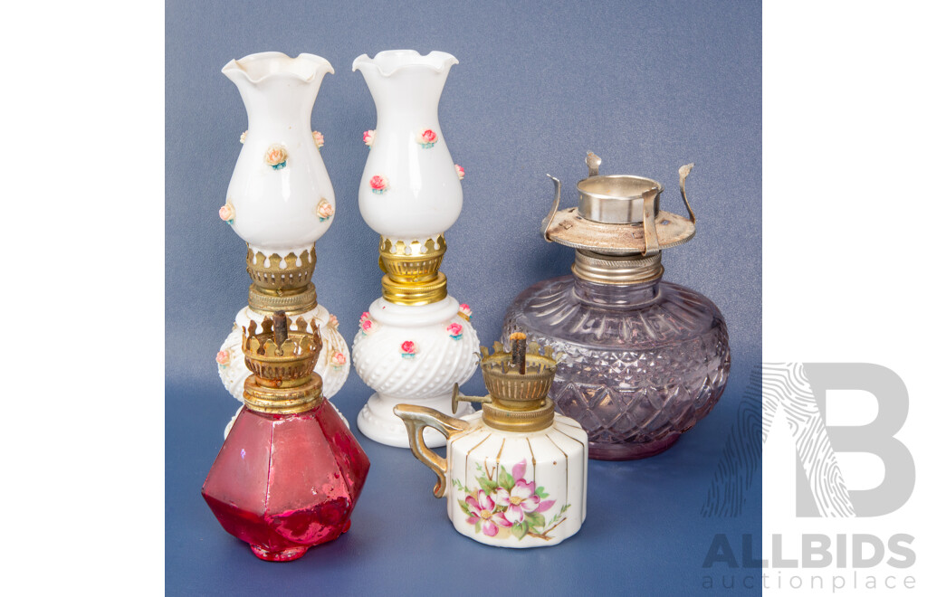 Antique Kerosene (Oil) Lamps & Candle Holder - Lot of 5