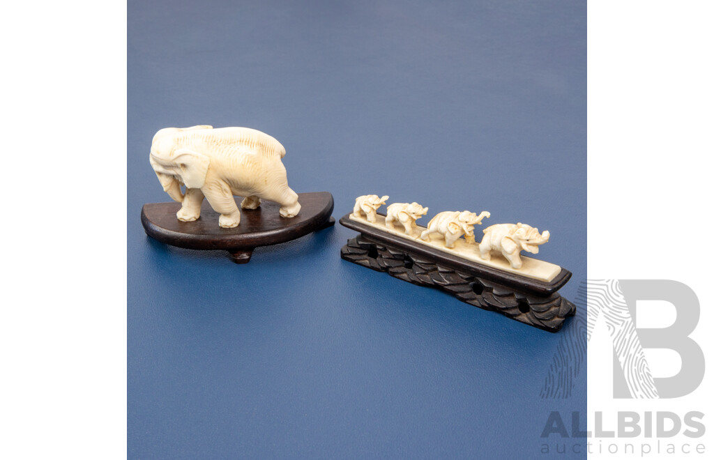Vintage Carved Ivory Elephants & Wood Stands - Lot of 2
