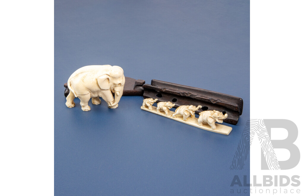 Vintage Carved Ivory Elephants & Wood Stands - Lot of 2
