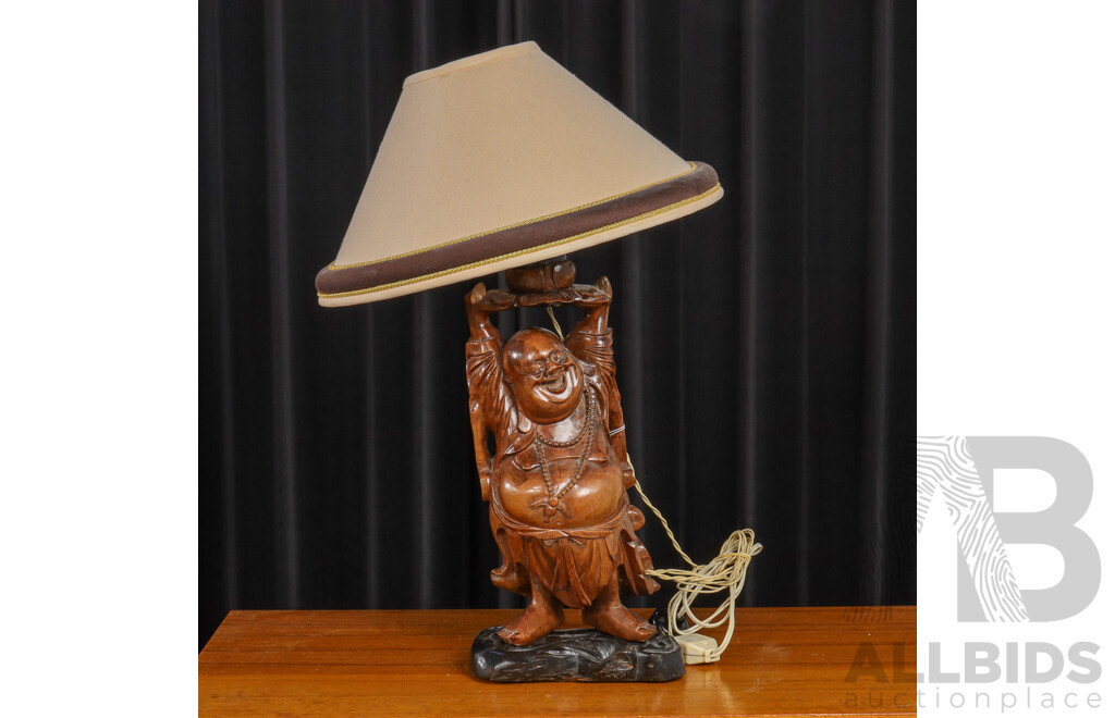 Chinese Figurative Carved Wooden Table Lamp and Shade
