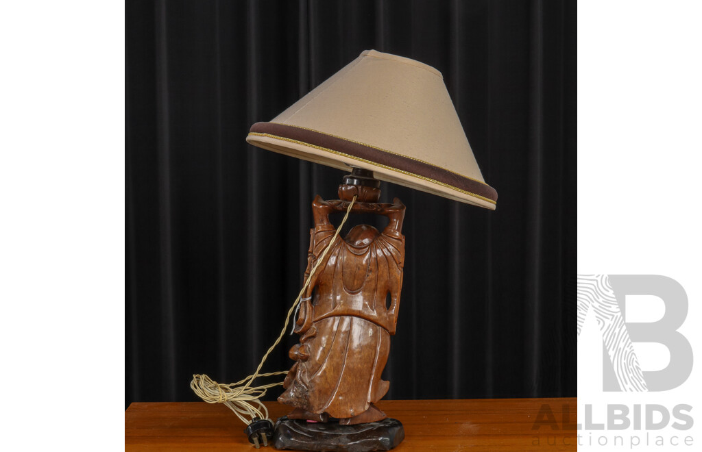 Chinese Figurative Carved Wooden Table Lamp and Shade
