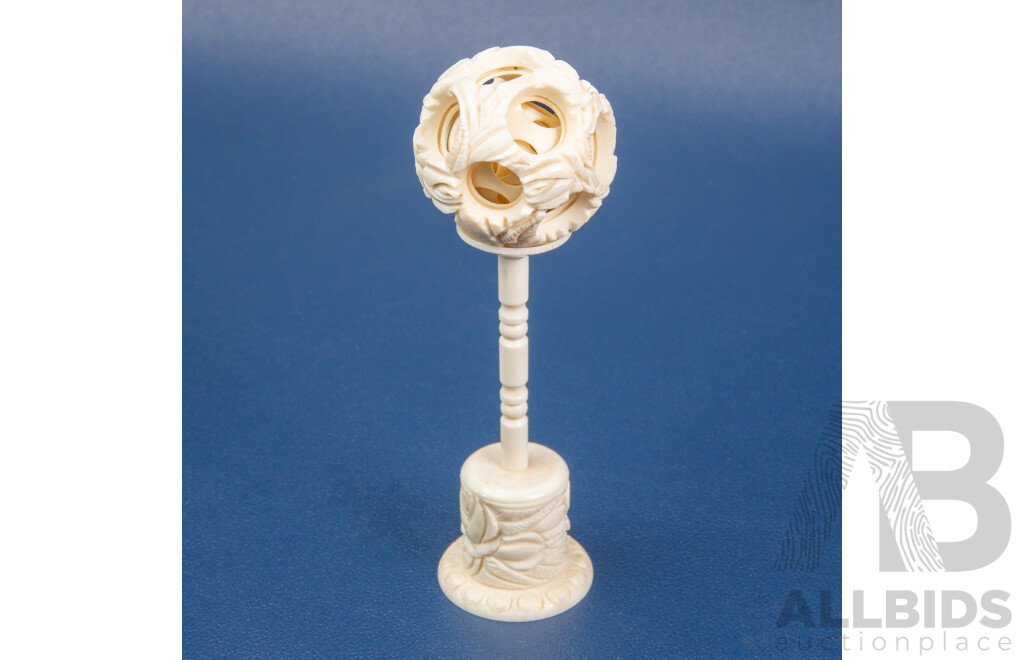 Vintage Carved Ivory Chinese Puzzle Ball & Pedestal Stand - 19th/20th Century