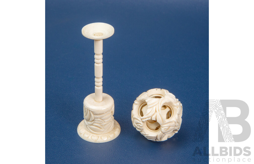 Vintage Carved Ivory Chinese Puzzle Ball & Pedestal Stand - 19th/20th Century