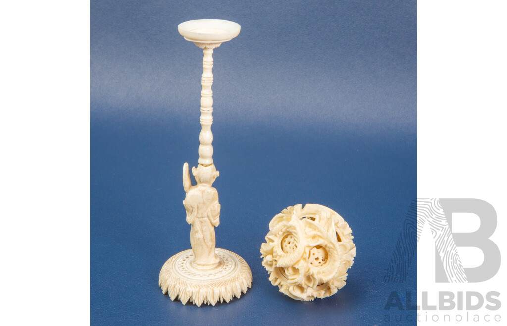 Vintage Carved Ivory Chinese Puzzle Ball & Pedestal Stand - 19th/20th Century