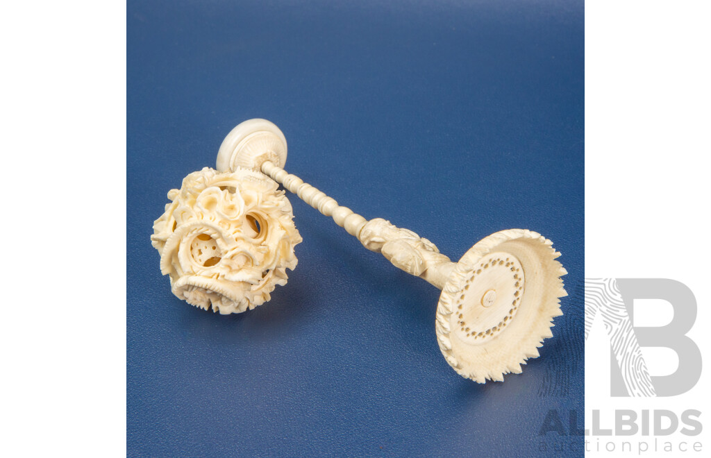 Vintage Carved Ivory Chinese Puzzle Ball & Pedestal Stand - 19th/20th Century