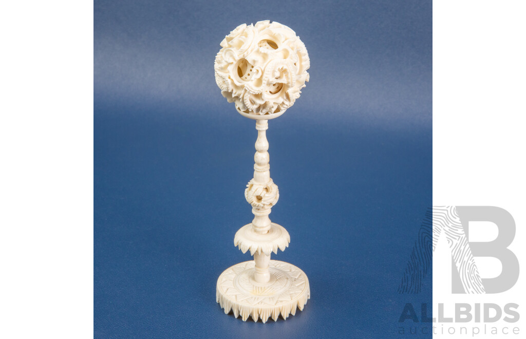 Vintage Carved Ivory Chinese Puzzle Ball & Pedestal Stand - 19th/20th Century