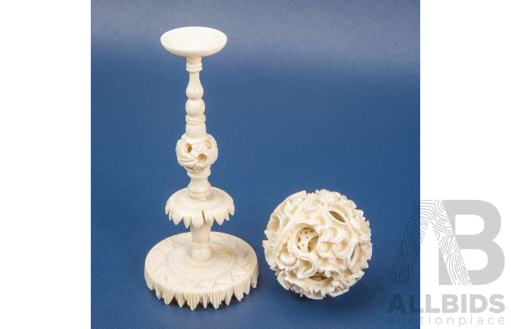 Vintage Carved Ivory Chinese Puzzle Ball & Pedestal Stand - 19th/20th Century