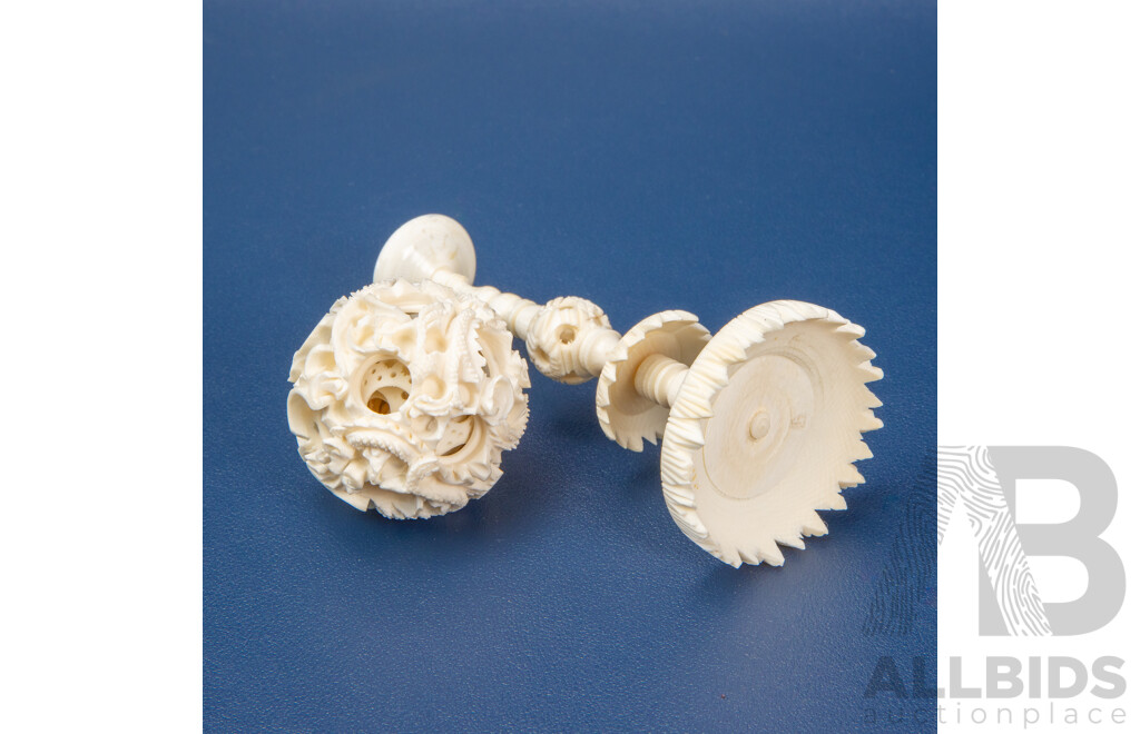 Vintage Carved Ivory Chinese Puzzle Ball & Pedestal Stand - 19th/20th Century