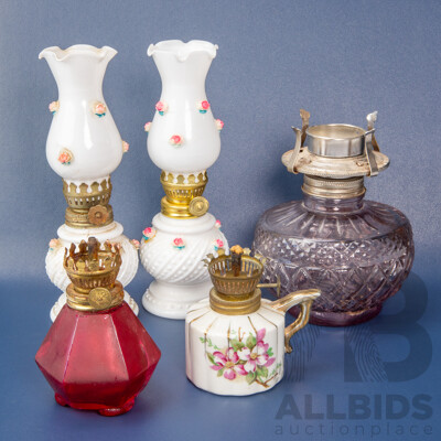 Antique Kerosene (Oil) Lamps & Candle Holder - Lot of 5