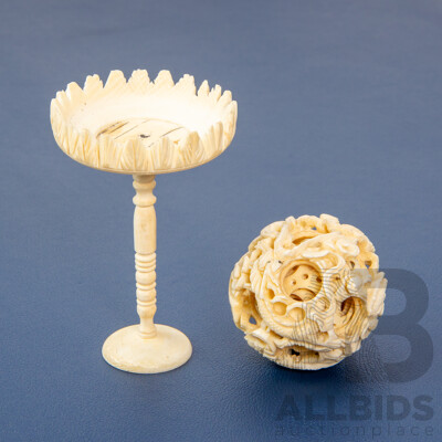 Vintage Carved Chinese Ivory Puzzle Ball and Pedestal Stand