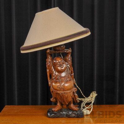 Chinese Figurative Carved Wooden Table Lamp and Shade
