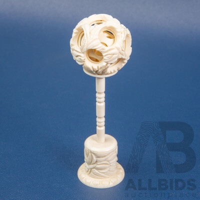 Vintage Carved Ivory Chinese Puzzle Ball & Pedestal Stand - 19th/20th Century
