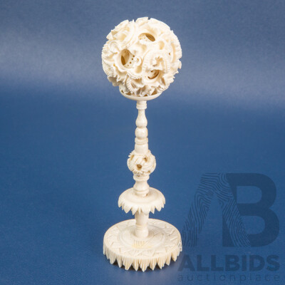 Vintage Carved Ivory Chinese Puzzle Ball & Pedestal Stand - 19th/20th Century
