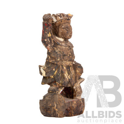 Antique Chinese Carved Wooden Statue with Polychrome Finish