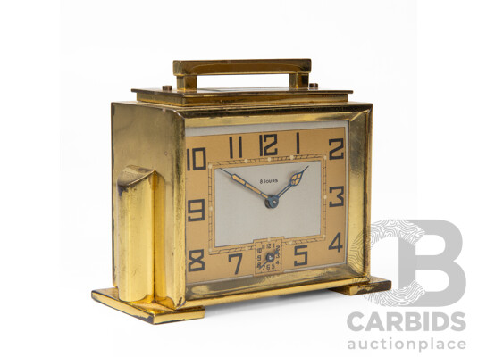Vintage French Brass Six Jewel Traveling Alarm Clock in Leather Carry Case