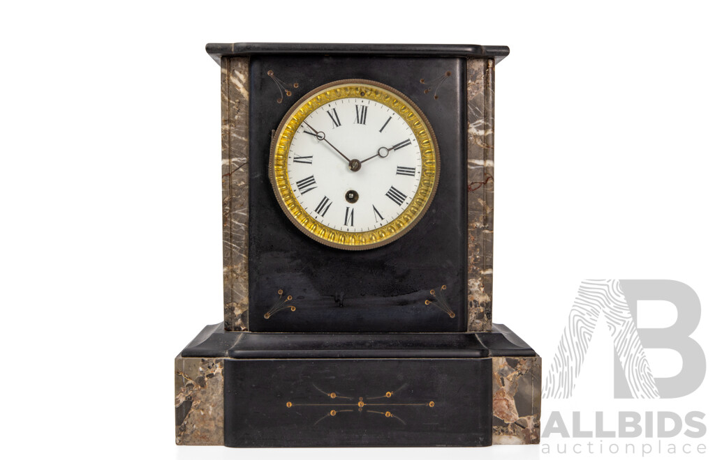 Victorian Black Slate and Variegated Marble Mantle Clock