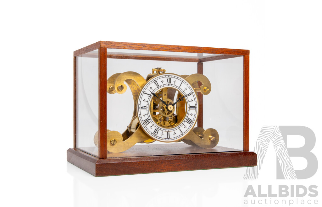 Vintage Brass Elegant Scroll Skeleton Clock in Glass Housing