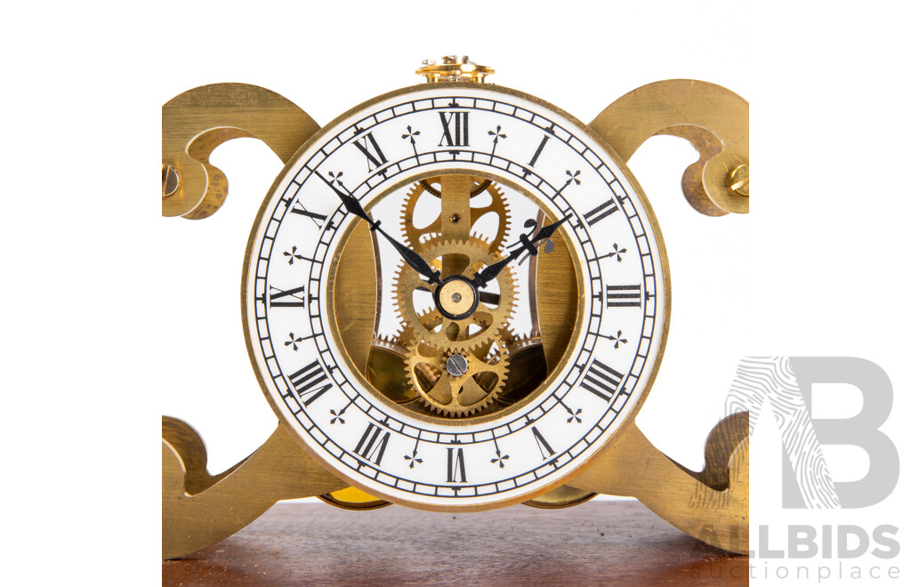 Vintage Brass Elegant Scroll Skeleton Clock in Glass Housing