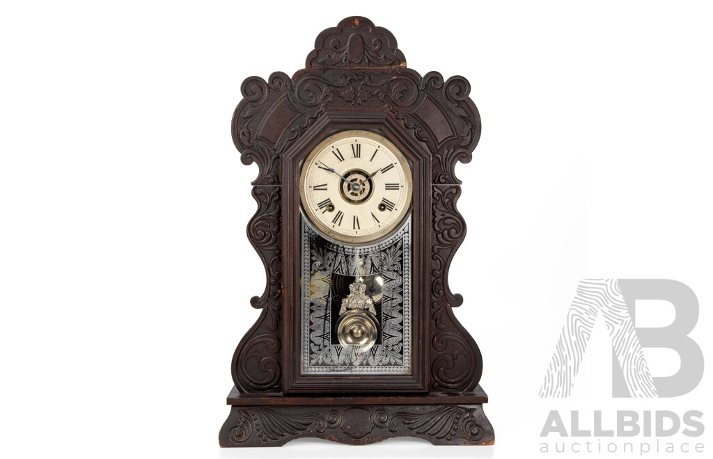 Vintage Ansonia Mantle Clock in Carved Timber Case