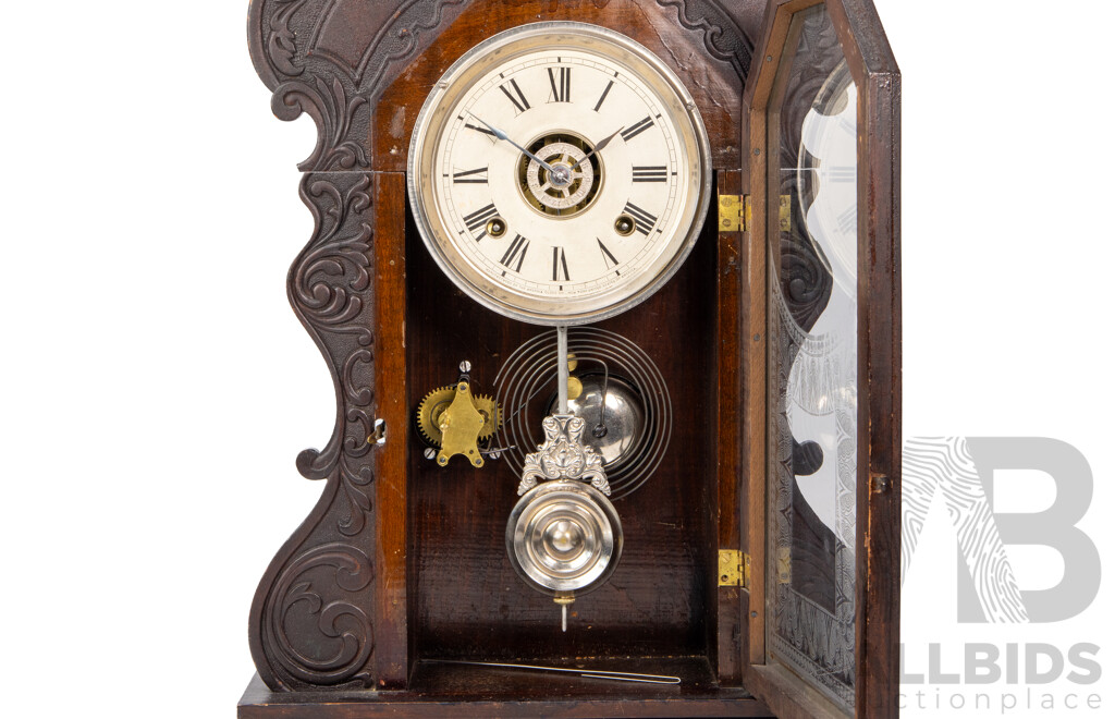 Vintage Ansonia Mantle Clock in Carved Timber Case