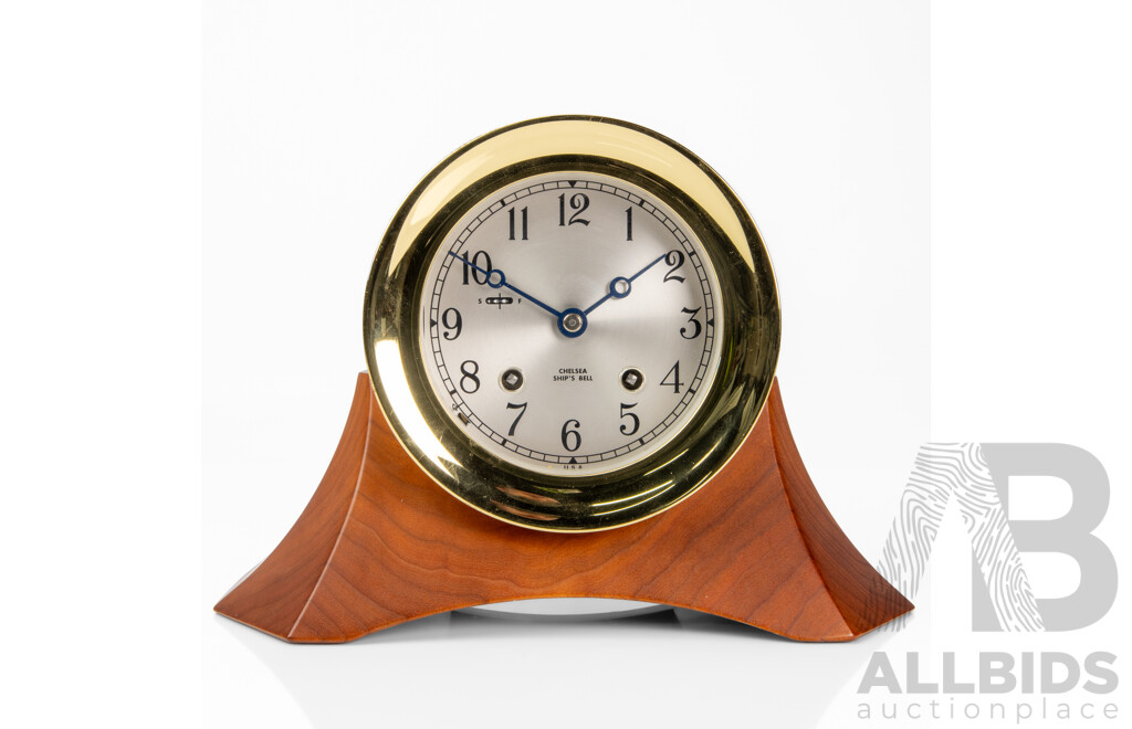 Vintage Brass Chelsea Porthole Clock in Cherry Housing by Thos.Cabinet Makers