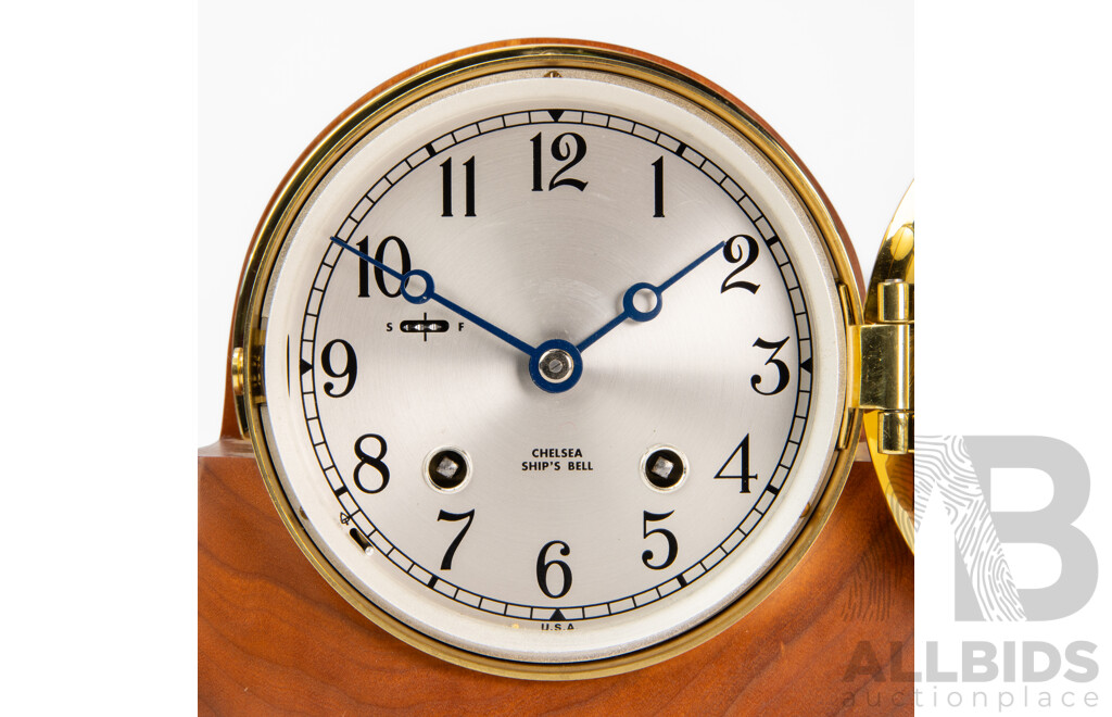 Vintage Brass Chelsea Porthole Clock in Cherry Housing by Thos.Cabinet Makers