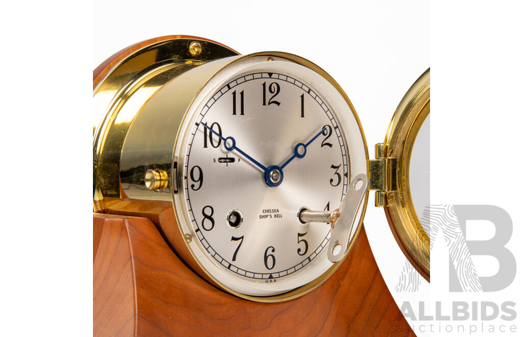 Vintage Brass Chelsea Porthole Clock in Cherry Housing by Thos.Cabinet Makers