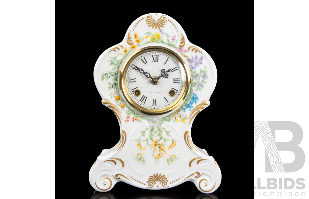 Vintage Glazed Porcelain 'Flowers of the Hour' Mantle Clock Issued by La Societe Nationale D'Hortculture De France with Franz Hermle Movement
