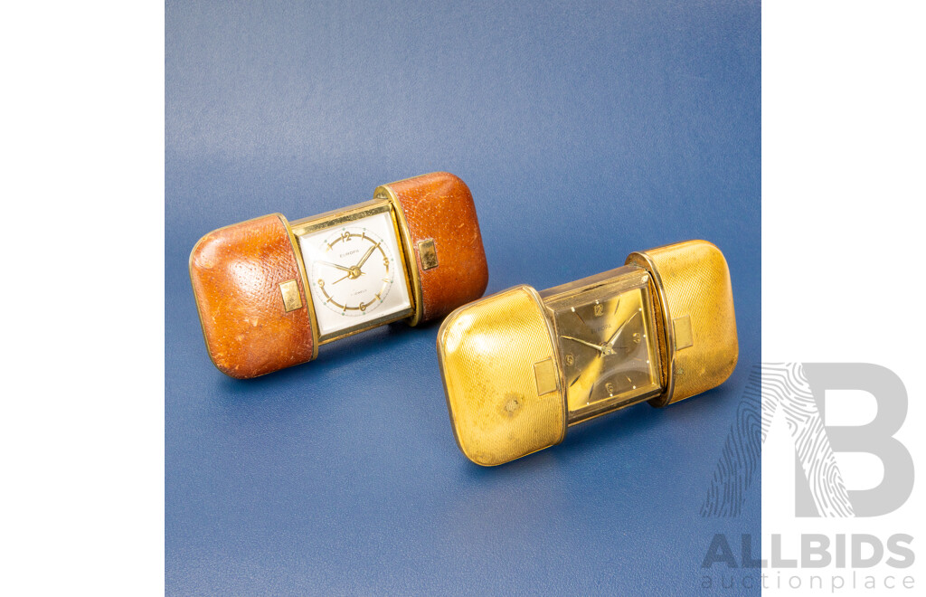 Pair of Vintage Europa Eight Day Travelling Alarm Clocks