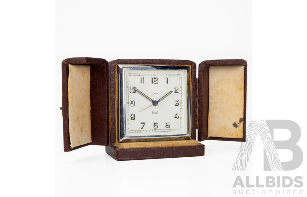 Vintage Smiths Seven Jewel Traveling Alarm Clock in Leather Carry Case
