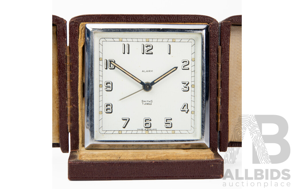 Vintage Smiths Seven Jewel Traveling Alarm Clock in Leather Carry Case