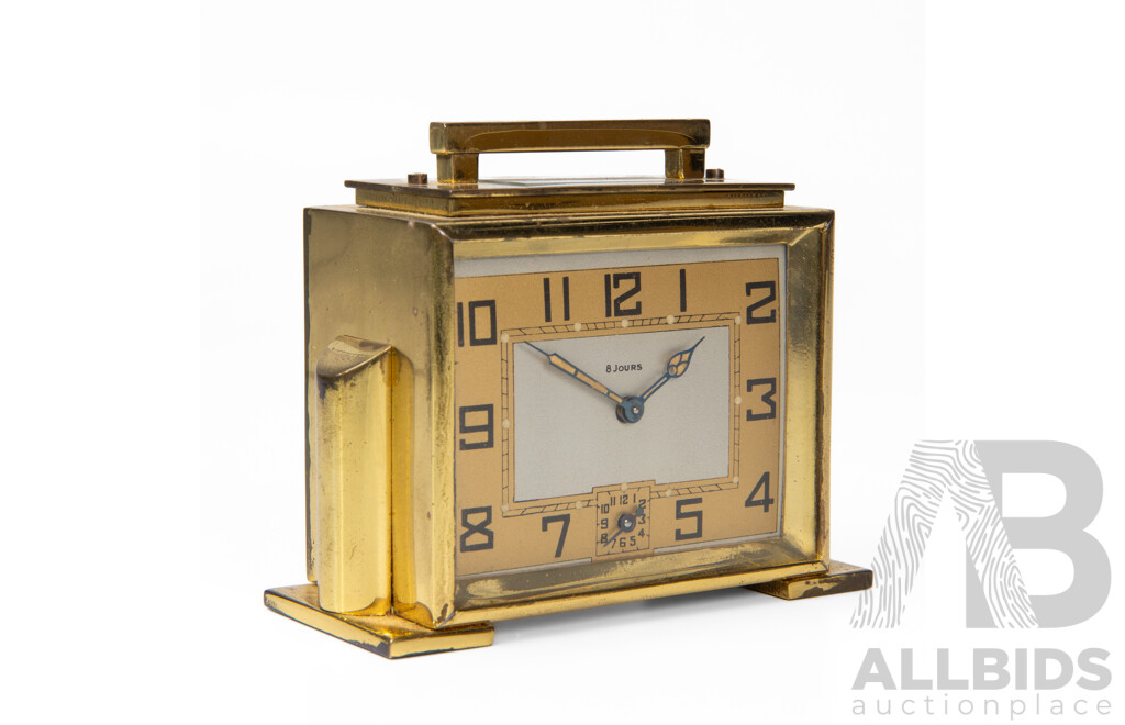 Vintage French Brass Six Jewel Traveling Alarm Clock in Leather Carry Case