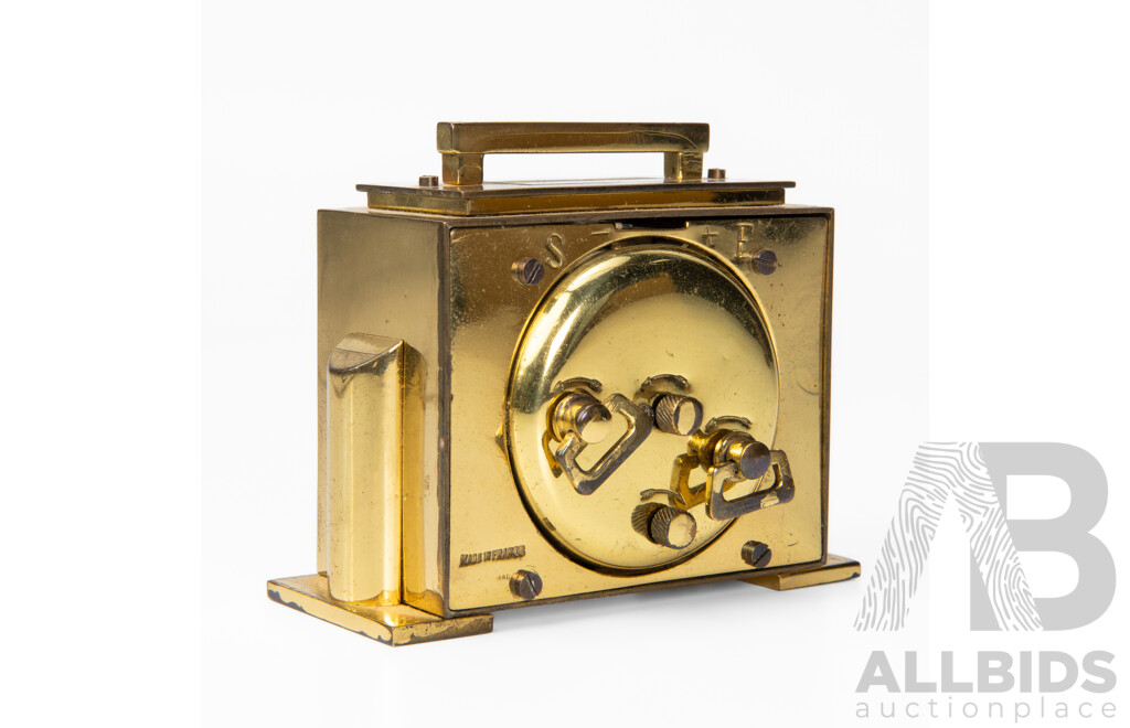 Vintage French Brass Six Jewel Traveling Alarm Clock in Leather Carry Case
