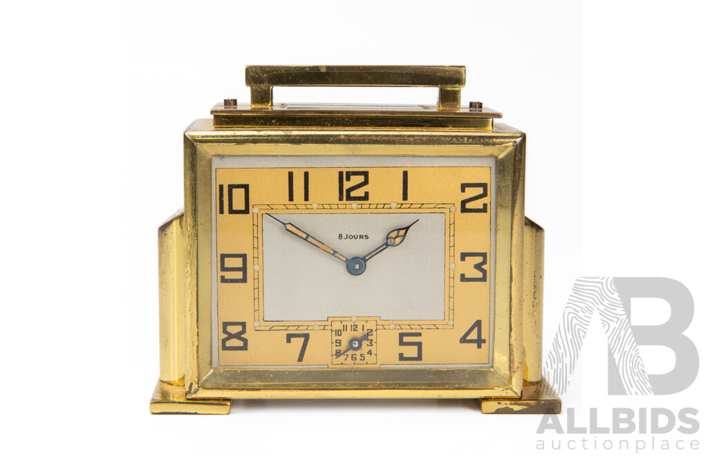 Vintage French Brass Six Jewel Traveling Alarm Clock in Leather Carry Case
