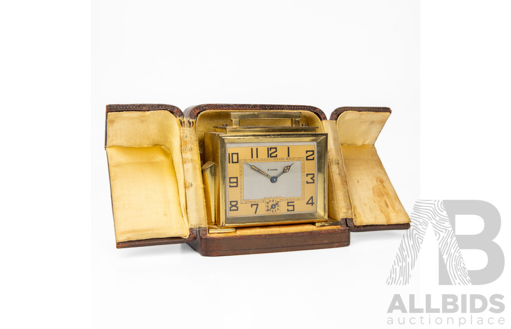 Vintage French Brass Six Jewel Traveling Alarm Clock in Leather Carry Case