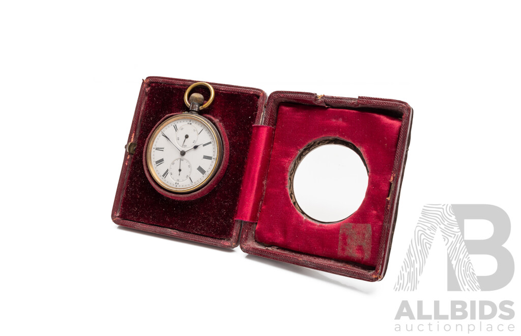 Vintage Black Steel Pocket Watch in Case with Sterling Silver Face