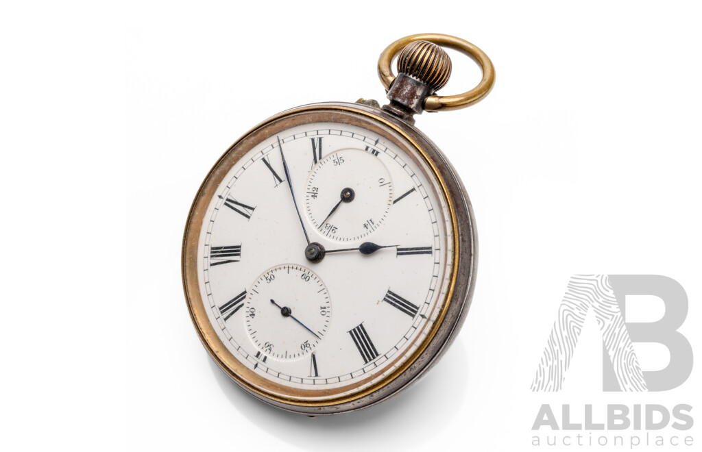 Vintage Black Steel Pocket Watch in Case with Sterling Silver Face