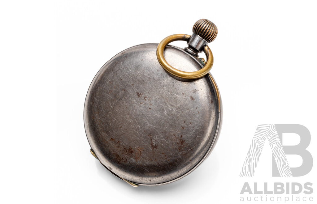 Vintage Black Steel Pocket Watch in Case with Sterling Silver Face
