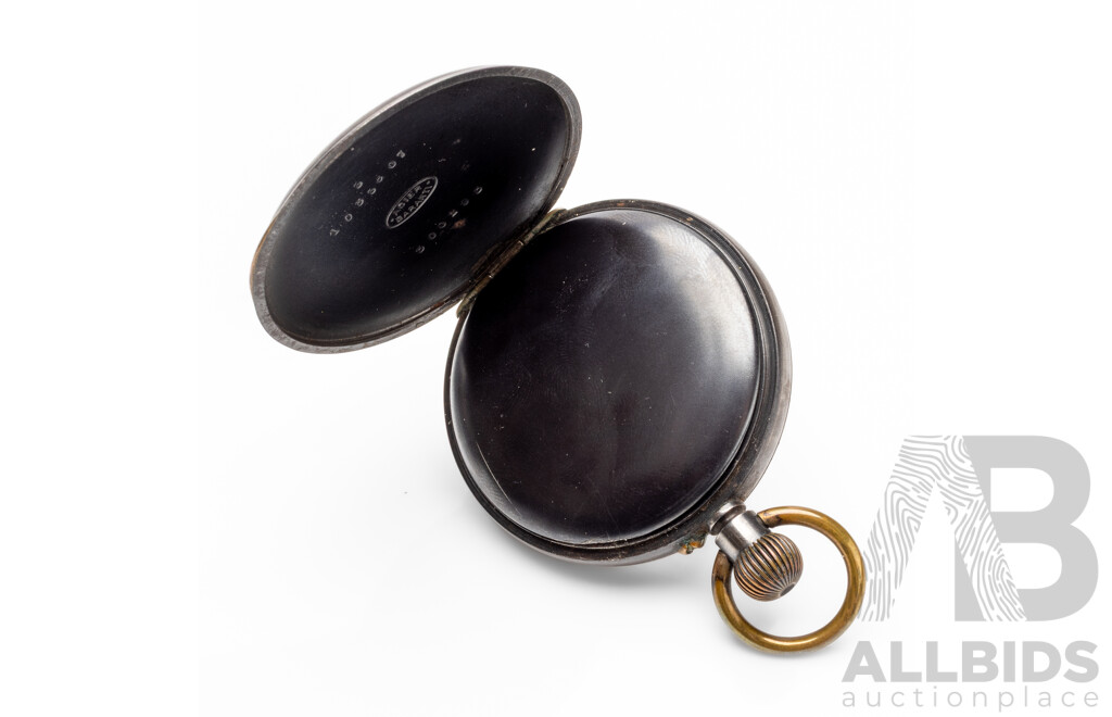 Vintage Black Steel Pocket Watch in Case with Sterling Silver Face