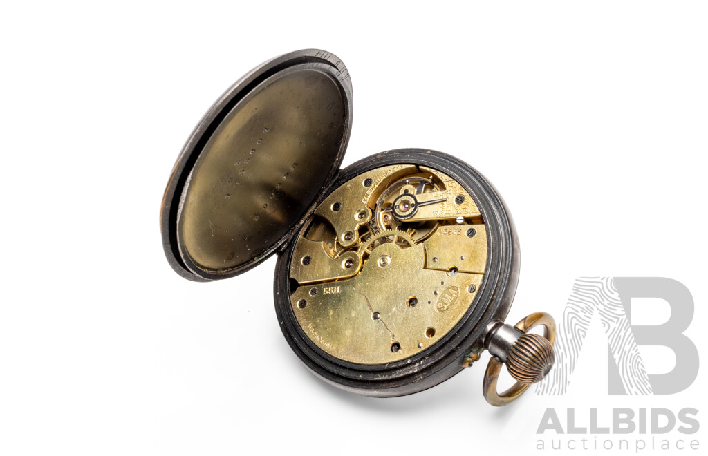 Vintage Black Steel Pocket Watch in Case with Sterling Silver Face