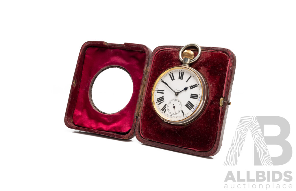 Vintage Argentan 8 Days Pocket Watch in Case with Sterling Silver Face
