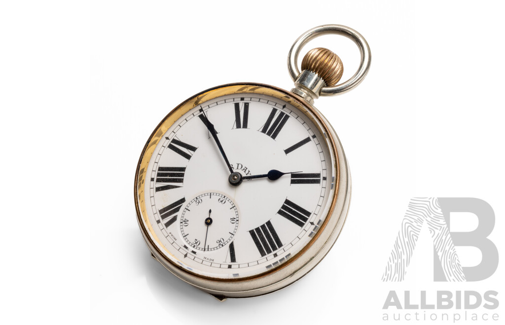 Vintage Argentan 8 Days Pocket Watch in Case with Sterling Silver Face