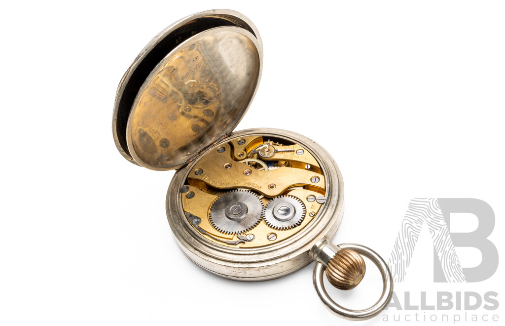 Vintage Argentan 8 Days Pocket Watch in Case with Sterling Silver Face